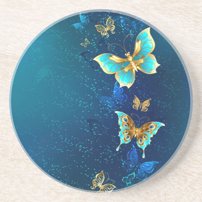 Golden Butterflies on a Blue Background Coaster (Front)
