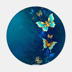 Golden Butterflies on a Blue Background Coaster Set