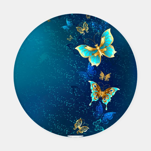 Golden Butterflies on a Blue Background Coaster Set (Single)