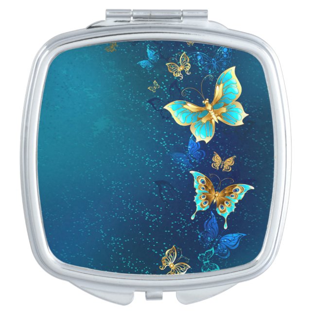 Golden Butterflies on a Blue Background Compact Mirror (Front)