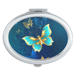 Golden Butterflies on a Blue Background Compact Mirror