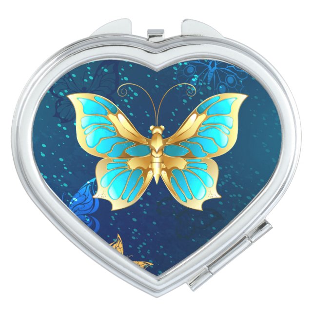 Golden Butterflies on a Blue Background Compact Mirror (Front)