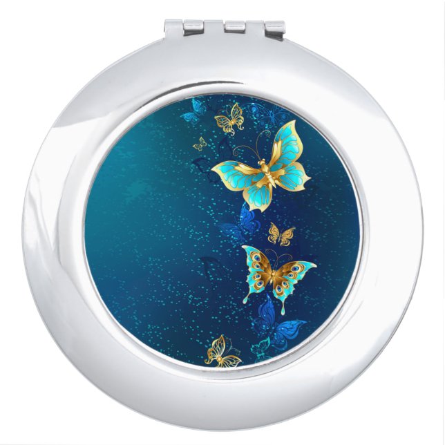 Golden Butterflies on a Blue Background Compact Mirror (Front)