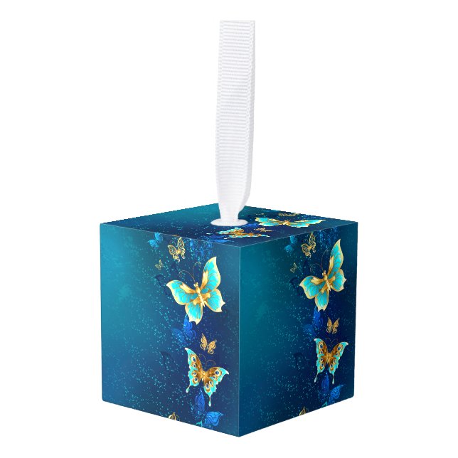 Golden Butterflies on a Blue Background Cube Ornament (Front Angled)