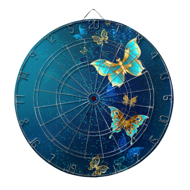 Golden Butterflies on a Blue Background Dart Board (Front)