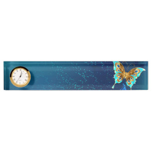 Golden Butterflies on a Blue Background Desk Name Plate