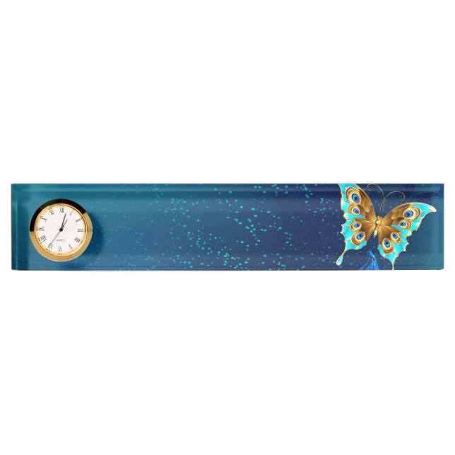 Golden Butterflies on a Blue Background Desk Name Plate (Front)