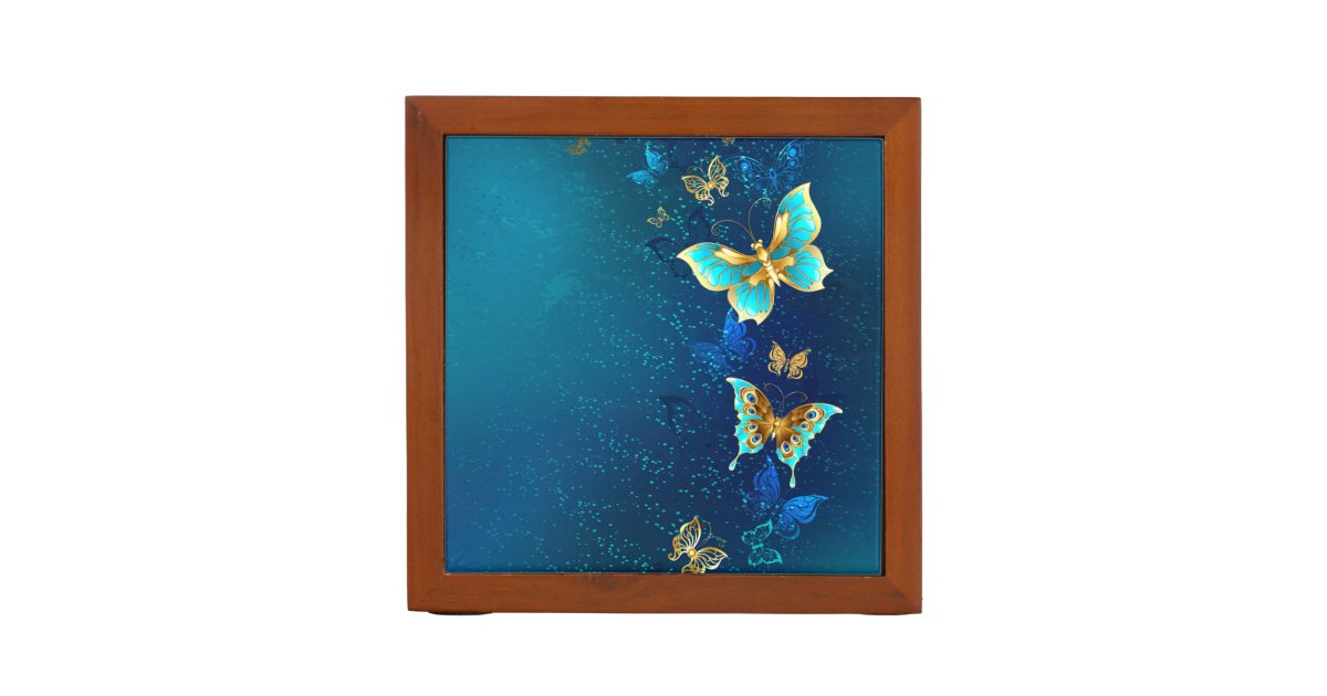 Golden Butterflies on a Blue Background Desk Organizer | Zazzle