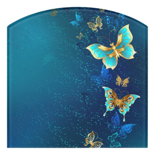 Golden Butterflies on a Blue Background Door Sign