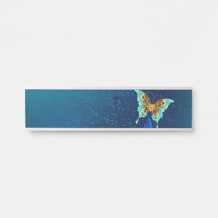 Golden Butterflies on a Blue Background Door Sign