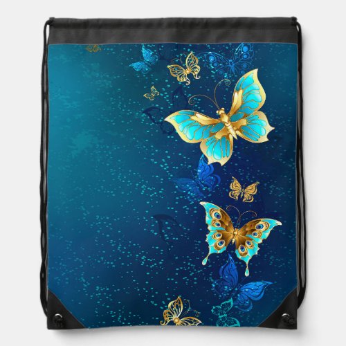 Golden Butterflies on a Blue Background Drawstring Bag