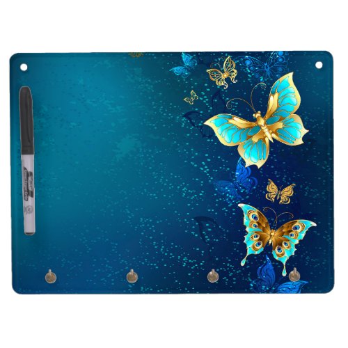 Golden Butterflies on a Blue Background Dry Erase Board With Keychain Holder