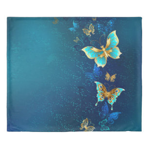 Golden Butterflies on a Blue Background Duvet Cover