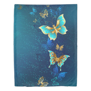 Golden Butterflies on a Blue Background Duvet Cover