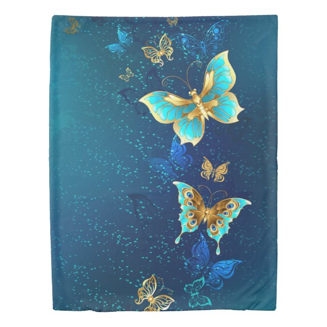 Golden Butterflies on a Blue Background Duvet Cover (Front)