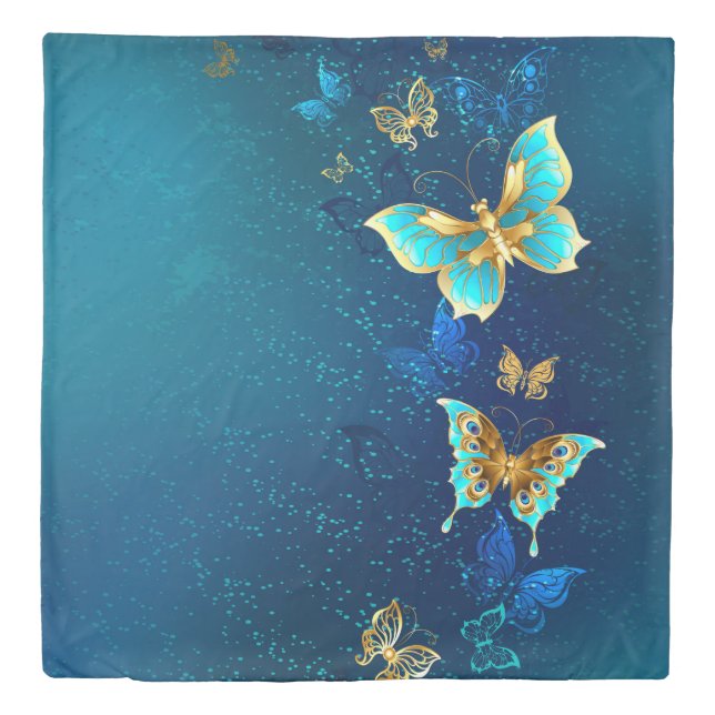 Golden Butterflies on a Blue Background Duvet Cover (Front)