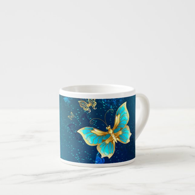 Golden Butterflies on a Blue Background Espresso Cup (Front Right)