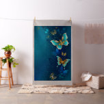 Golden Butterflies on a Blue Background Fabric
