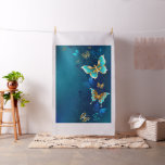 Golden Butterflies on a Blue Background Fabric