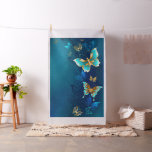 Golden Butterflies on a Blue Background Fabric