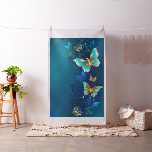 Golden Butterflies on a Blue Background Fabric
