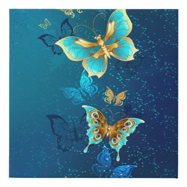 Golden Butterflies on a Blue Background Faux Canvas Print (Front)