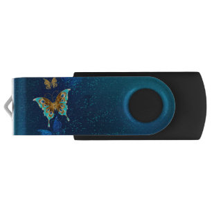 Golden Butterflies on a Blue Background Flash Drive