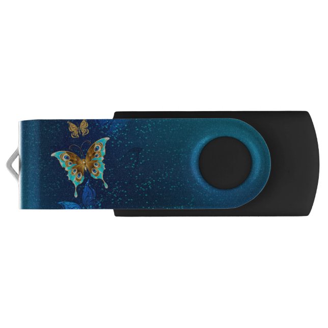 Golden Butterflies on a Blue Background Flash Drive (Back)