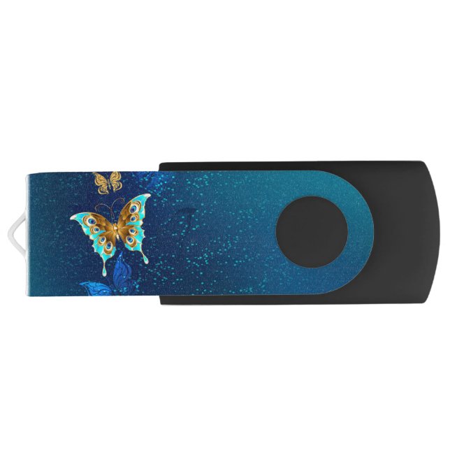 Golden Butterflies on a Blue Background Flash Drive (Back)