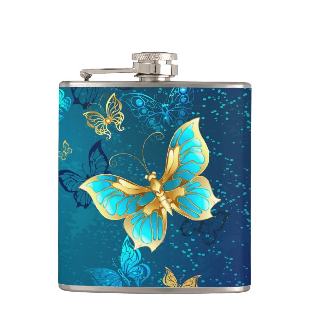 Golden Butterflies on a Blue Background Flask (Front)