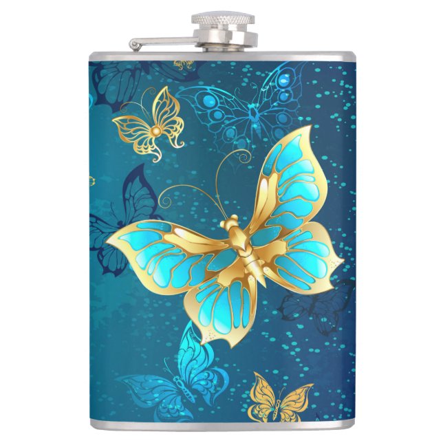 Golden Butterflies on a Blue Background Flask (Front)
