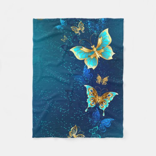 Golden Butterflies on a Blue Background Fleece Blanket