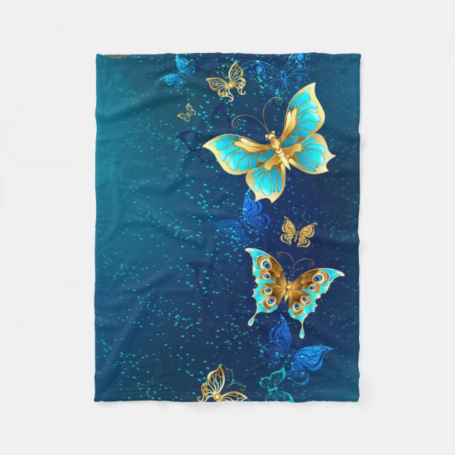 Golden Butterflies on a Blue Background Fleece Blanket (Front)