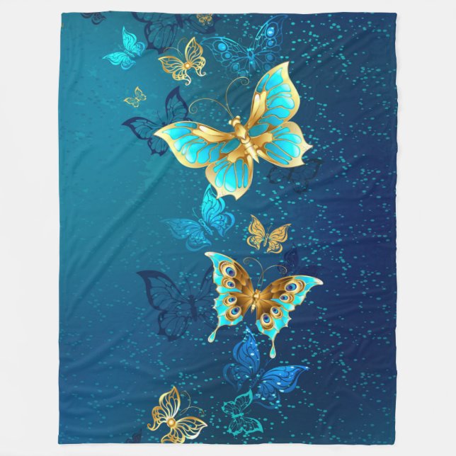 Golden Butterflies on a Blue Background Fleece Blanket (Front)