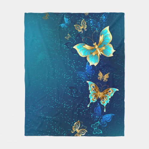 Golden Butterflies on a Blue Background Fleece Blanket