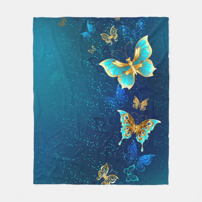 Golden Butterflies on a Blue Background Fleece Blanket (Front)