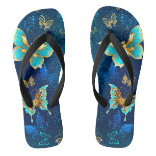 Golden Butterflies on a Blue Background Flip Flops