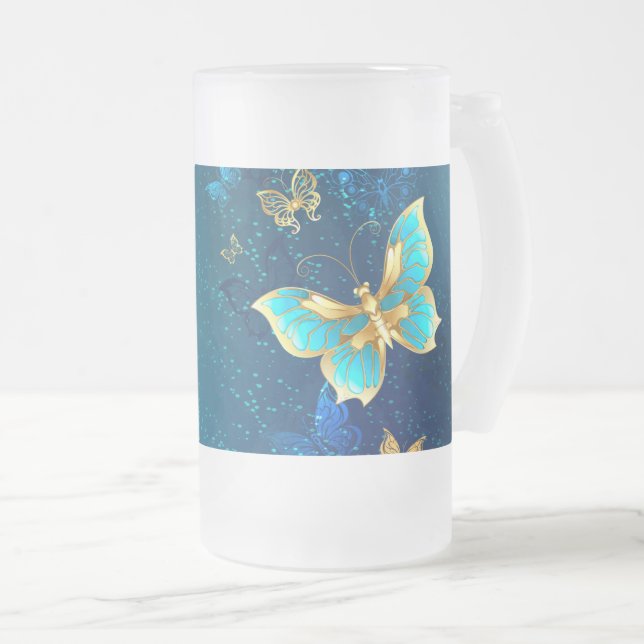Golden Butterflies on a Blue Background Frosted Glass Beer Mug (Front Right)