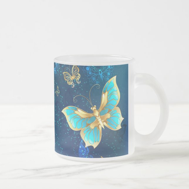 Golden Butterflies on a Blue Background Frosted Glass Coffee Mug (Right)