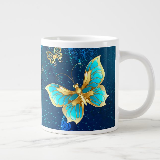 Golden Butterflies on a Blue Background Giant Coffee Mug (Right)