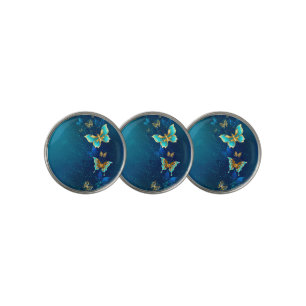 Golden Butterflies on a Blue Background Golf Ball Marker