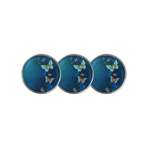 Golden Butterflies on a Blue Background Golf Ball Marker