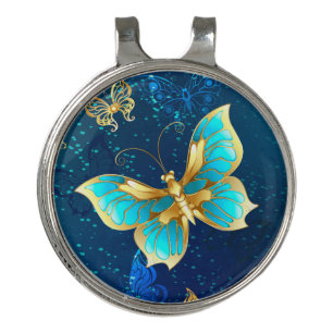 Golden Butterflies on a Blue Background Golf Hat Clip