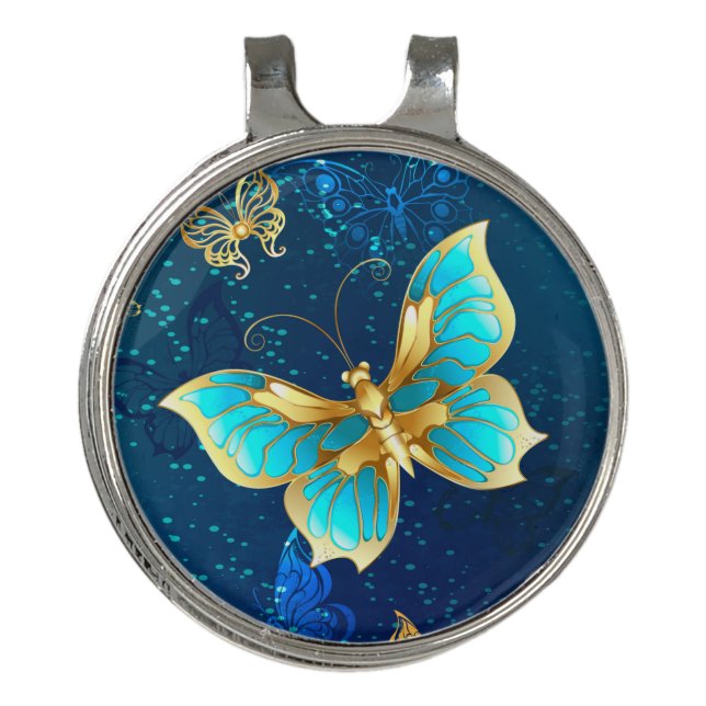 Golden Butterflies on a Blue Background Golf Hat Clip (Front)