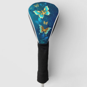 Golden Butterflies on a Blue Background Golf Head Cover