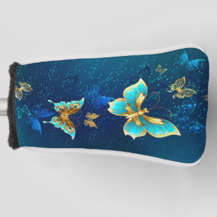Golden Butterflies on a Blue Background Golf Head Cover