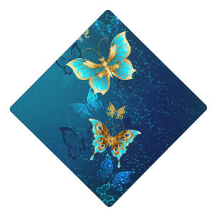 Golden Butterflies on a Blue Background Graduation Cap Topper