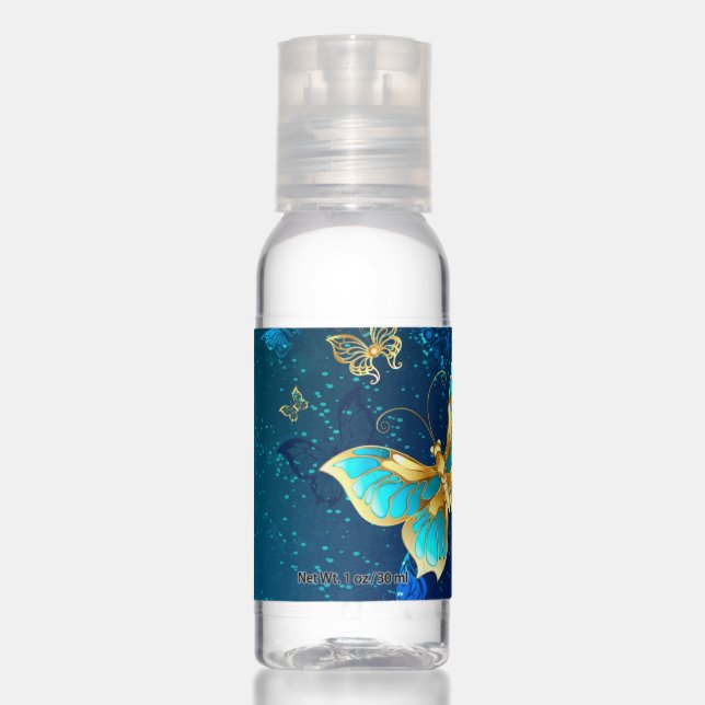 Golden Butterflies on a Blue Background Hand Sanitizer (Front)