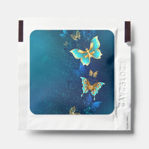 Golden Butterflies on a Blue Background Hand Sanitizer Packet