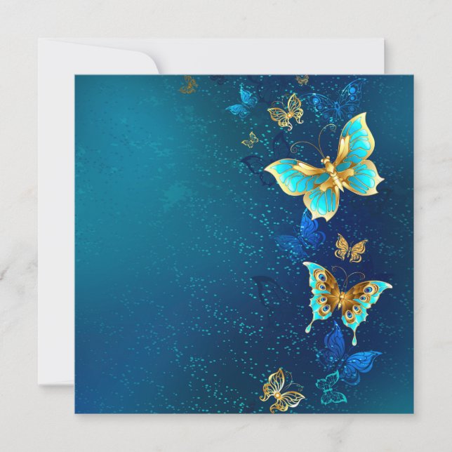Golden Butterflies on a Blue Background Holiday Card (Front)